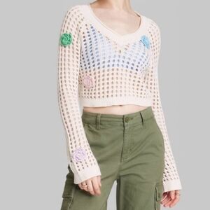 WILD FABLE size Large Long Sleeve Flower‎ Crochet Open Knit Boho Sweater Ivory
